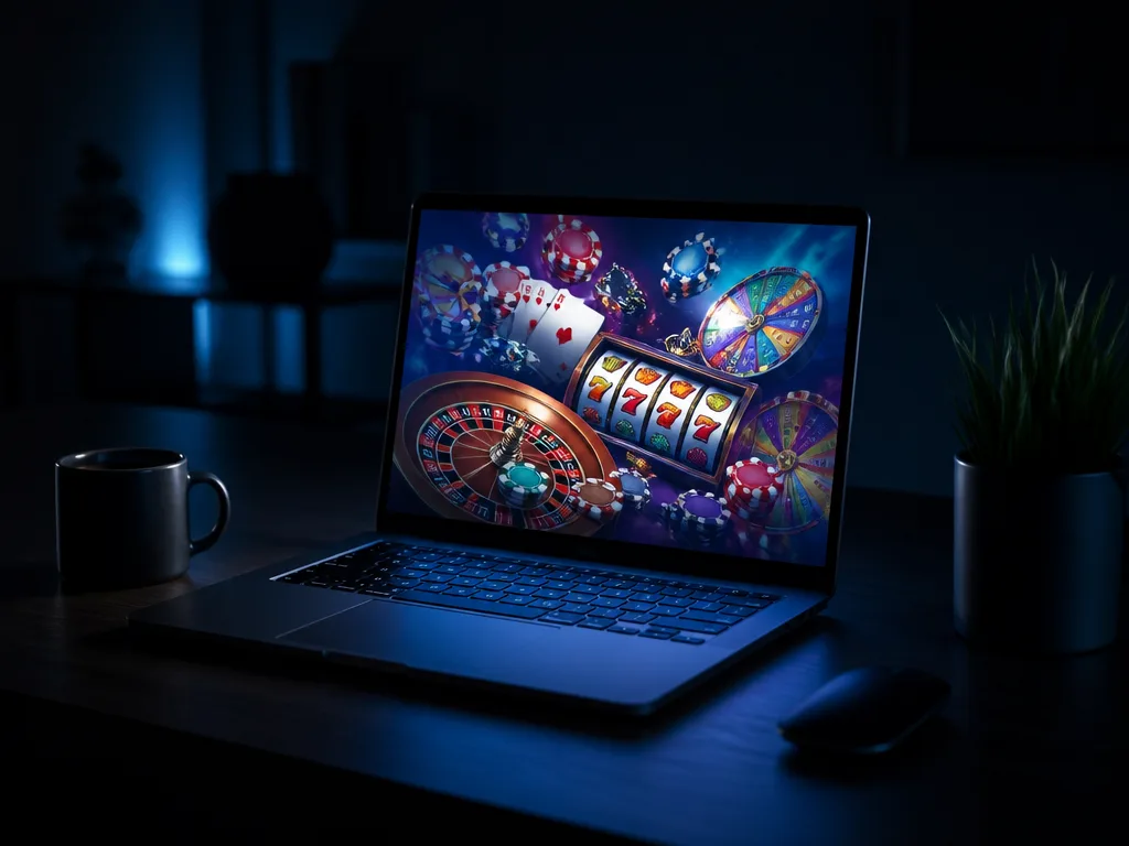 Laptop med casinospel på skärmen mot mörk bakgrund — symboliserar online casino utan spelpaus